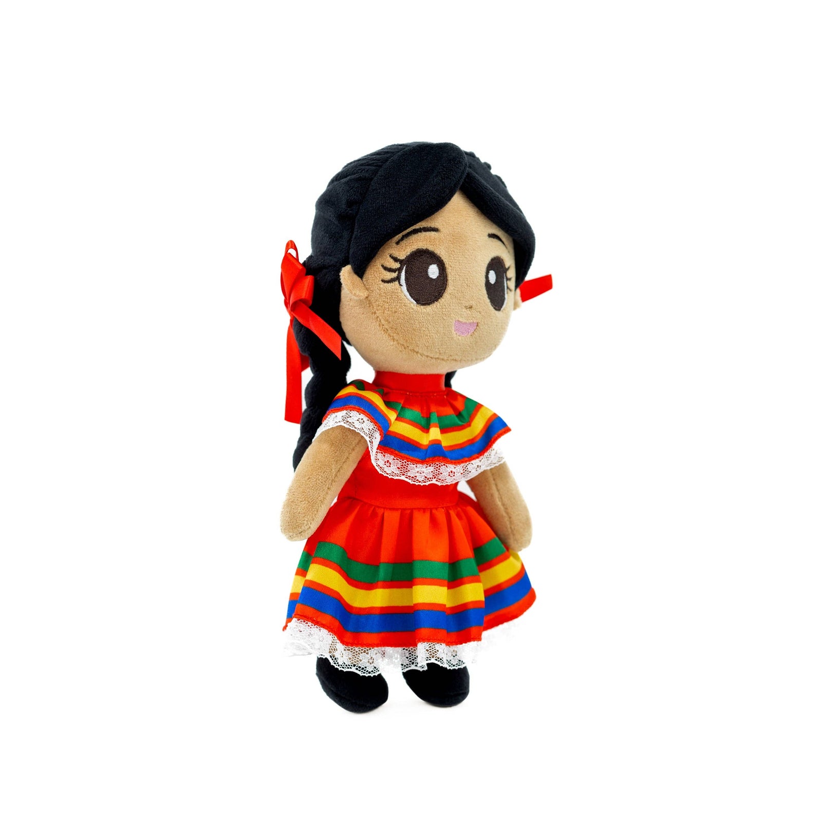 Plush doll with a colorful dress on a white background
