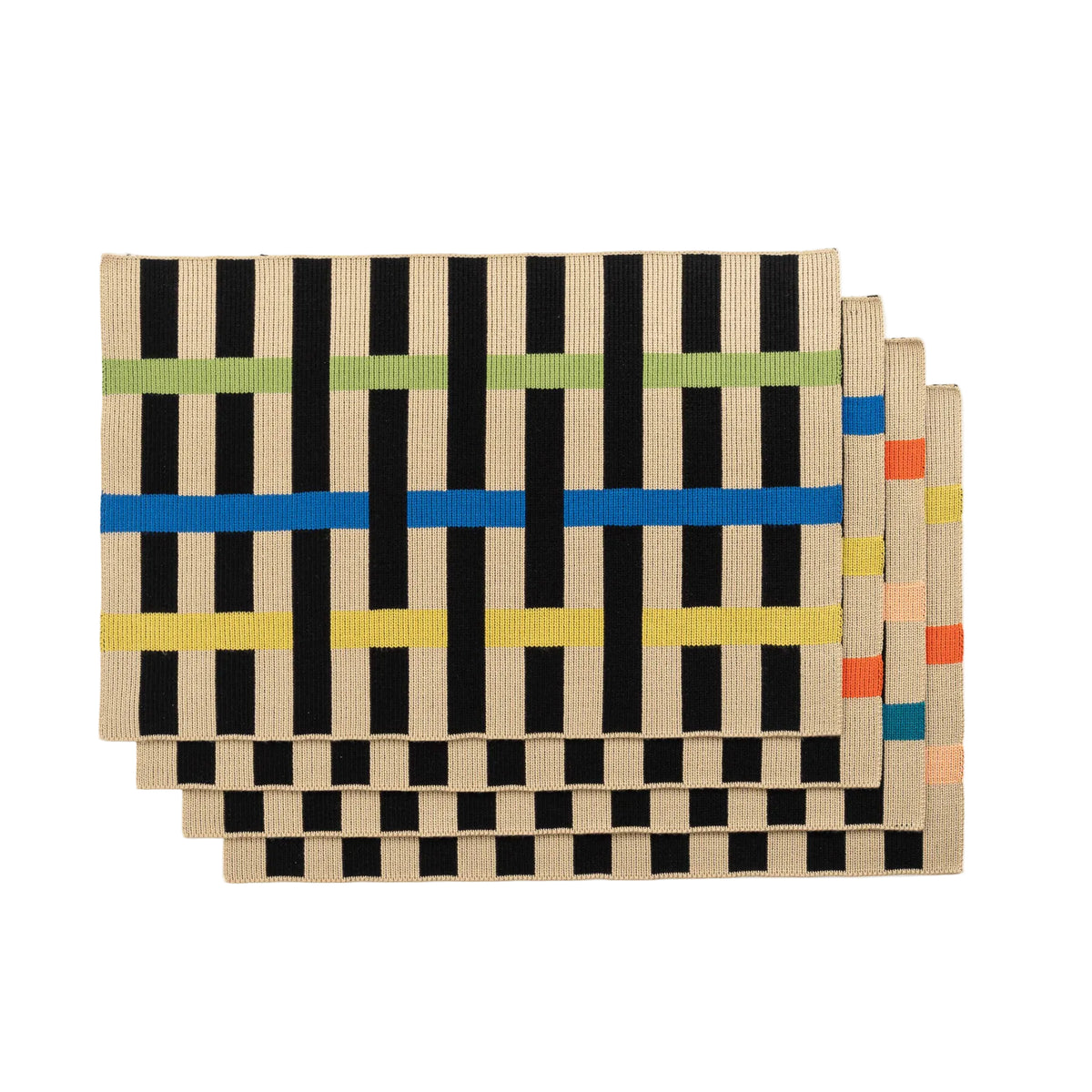 A stack of woven rectangular placemats with a black and beige striped pattern accented by horizontal bands of blue, green, yellow, orange, and pink, displayed on a light gray background.