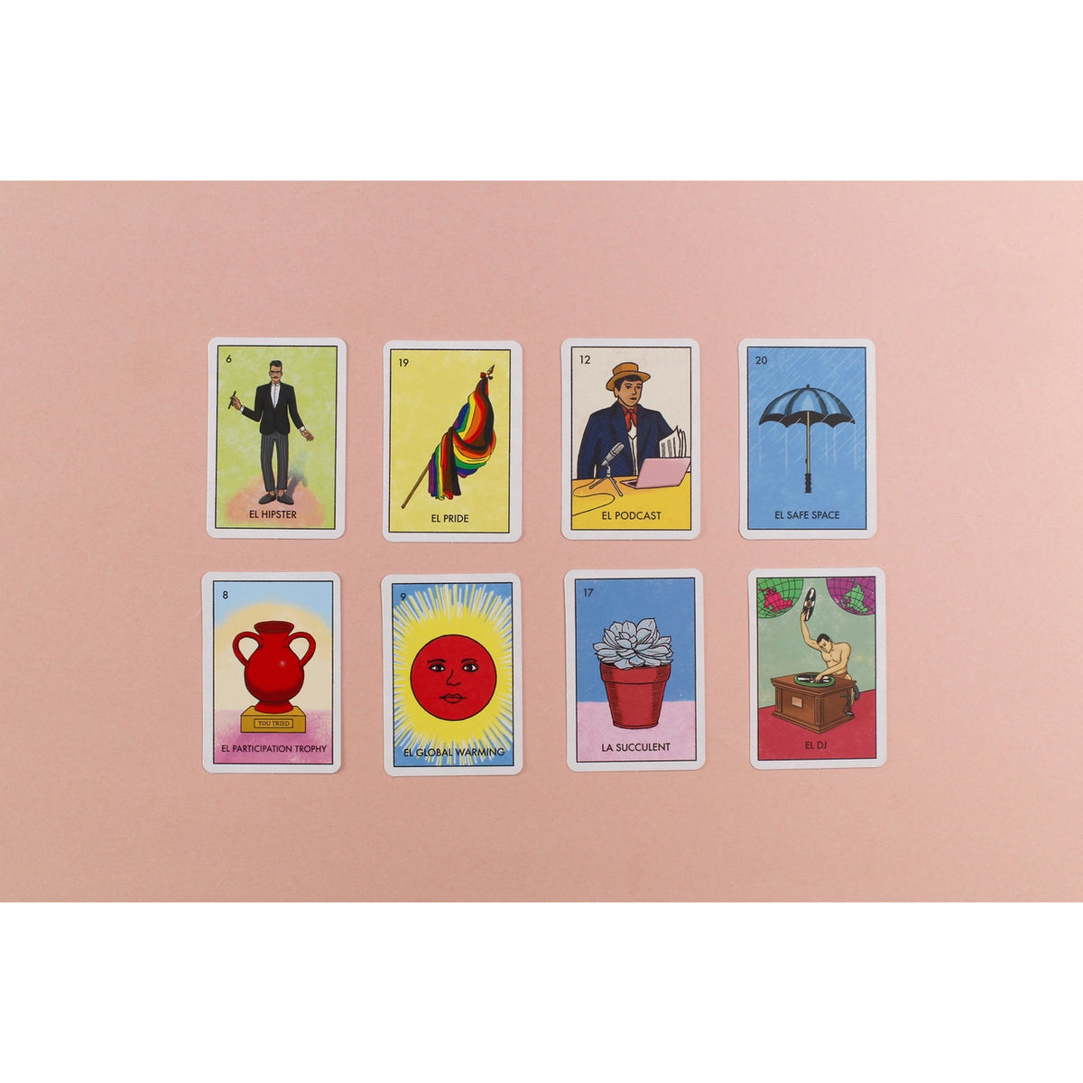 Eight colorful illustrated tarot-style cards arranged in two rows on a soft pink background.