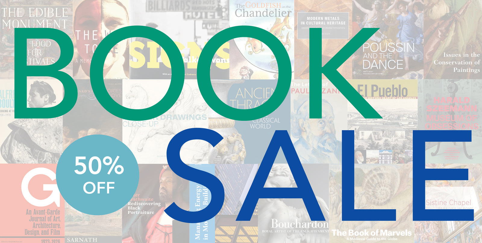 Promotional sale graphic with large text reading 'BOOK SALE' over a faded collage of book covers, plus a blue circle that says '50% OFF'.
