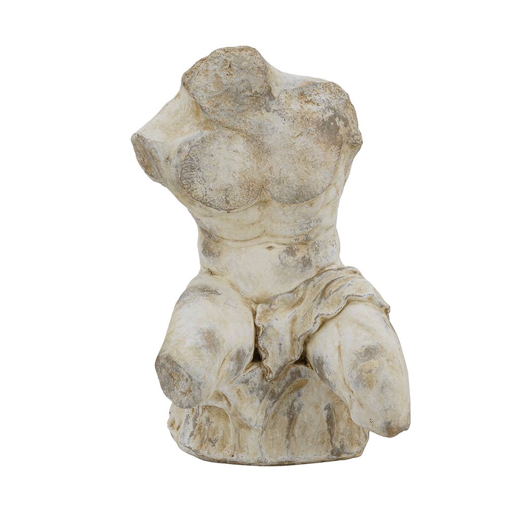 An antique-style stone torso sculpture of a muscular male torso with draped fabric at the waist, shown against a plain white background.