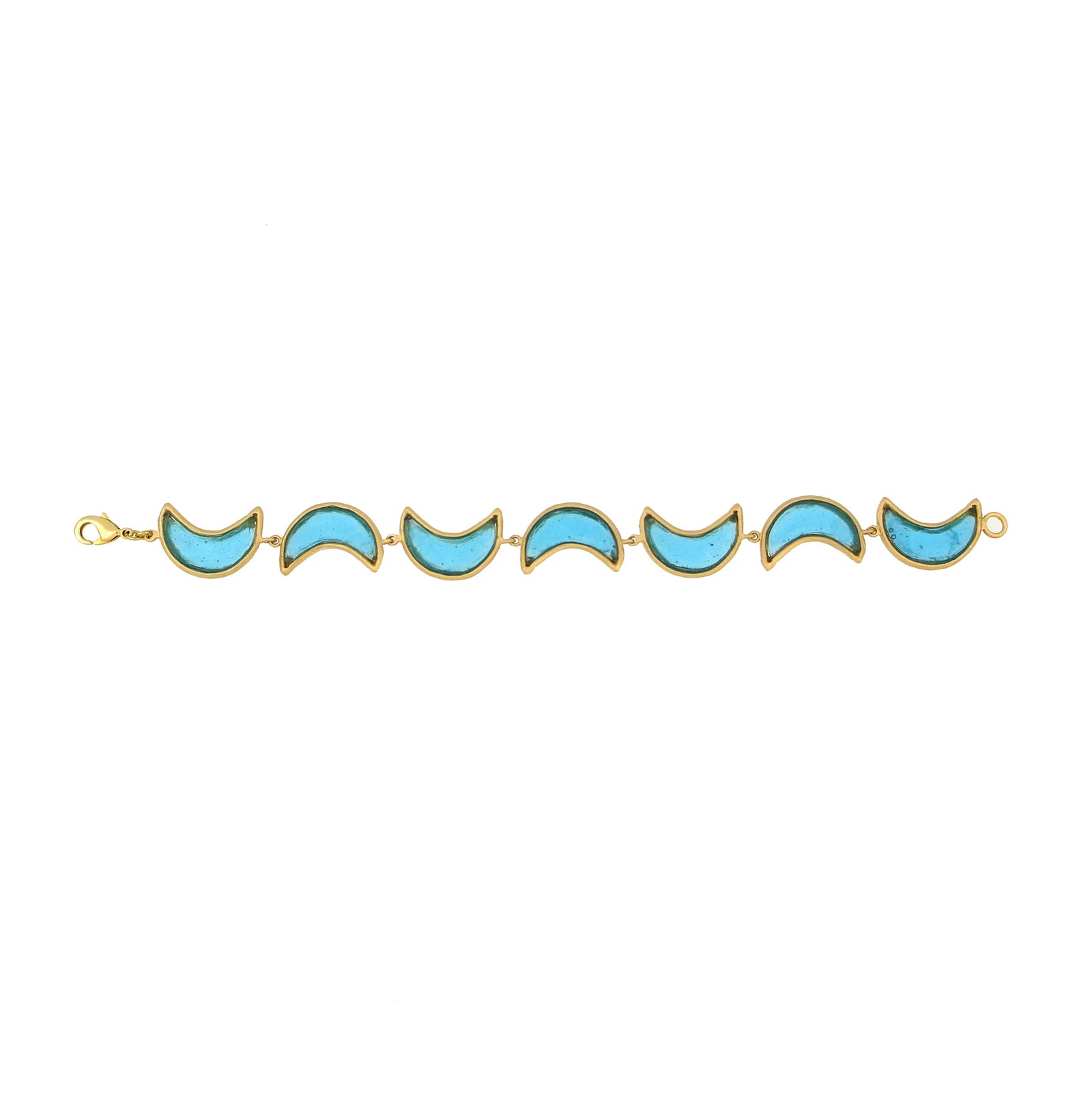 Bracelet with gold and blue wave-shaped links on a white background