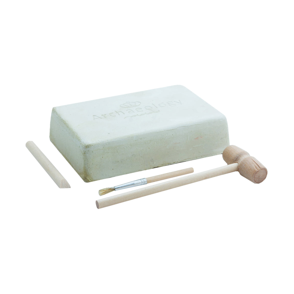 Dig block with a wooden mallet and brush on a white background