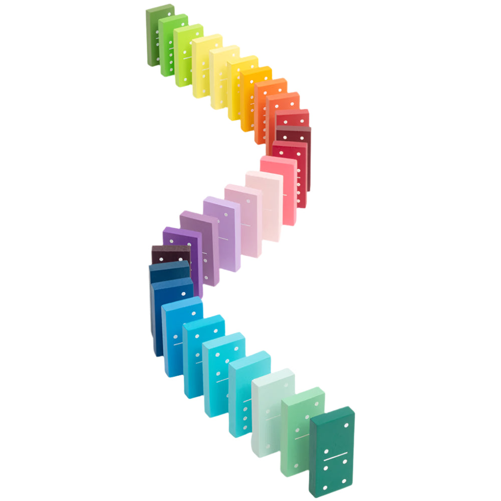 A series of wooden dominoes laid out in a line, transitioning from green to purple to red, with each domino showing a gradient color.