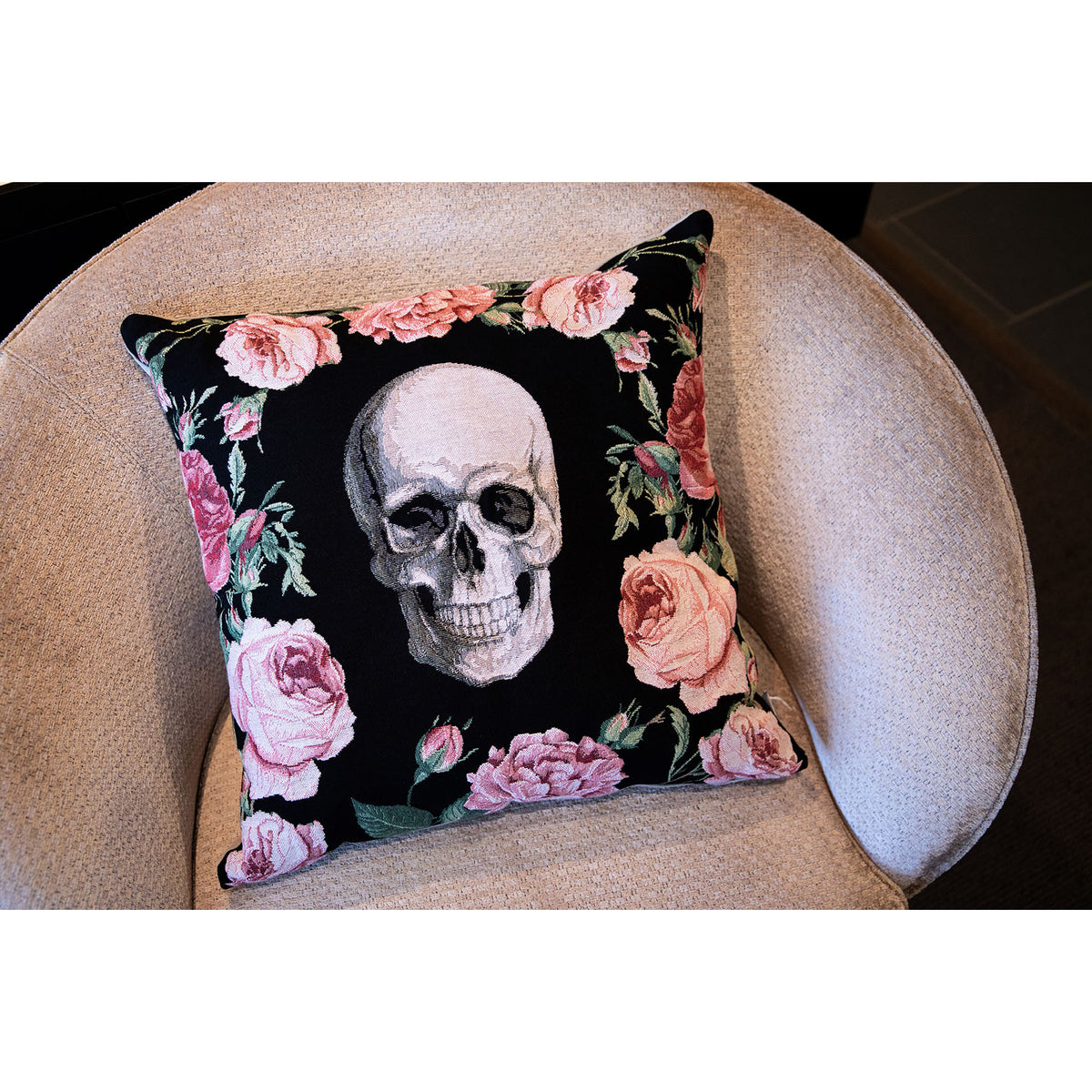 Skull and Roses Tapestry Pillow