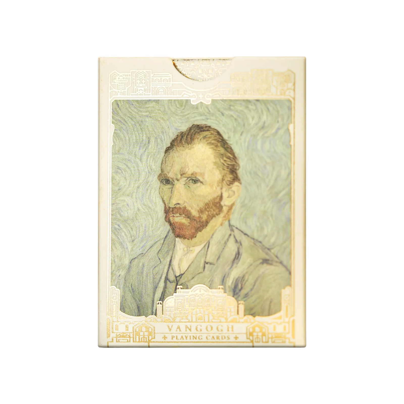 A boxed deck of Van Gogh playing cards featuring a stylized portrait of Vincent van Gogh in muted blue-green and beige tones, with gold decorative border details and the text 'VAN GOGH PLAYING CARDS' at the bottom.