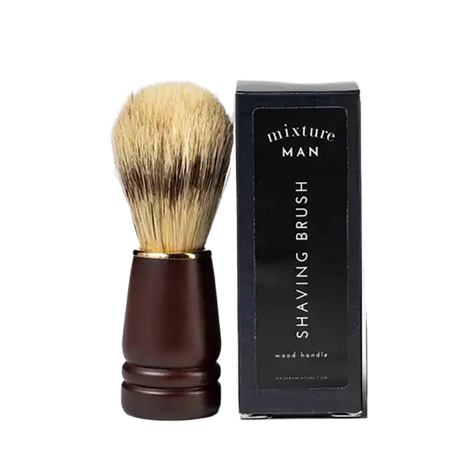 A man shaving brush with a wooden handle and natural bristles, displayed next to its packaging box.