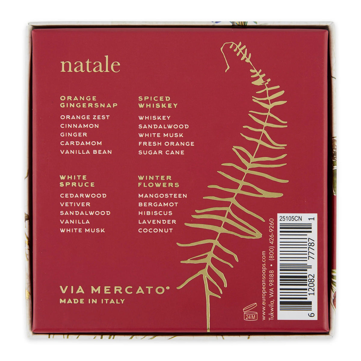 Back of a product packaging with &#39;natale&#39; scents and &#39;Via Mercato&#39; branding on a red background.