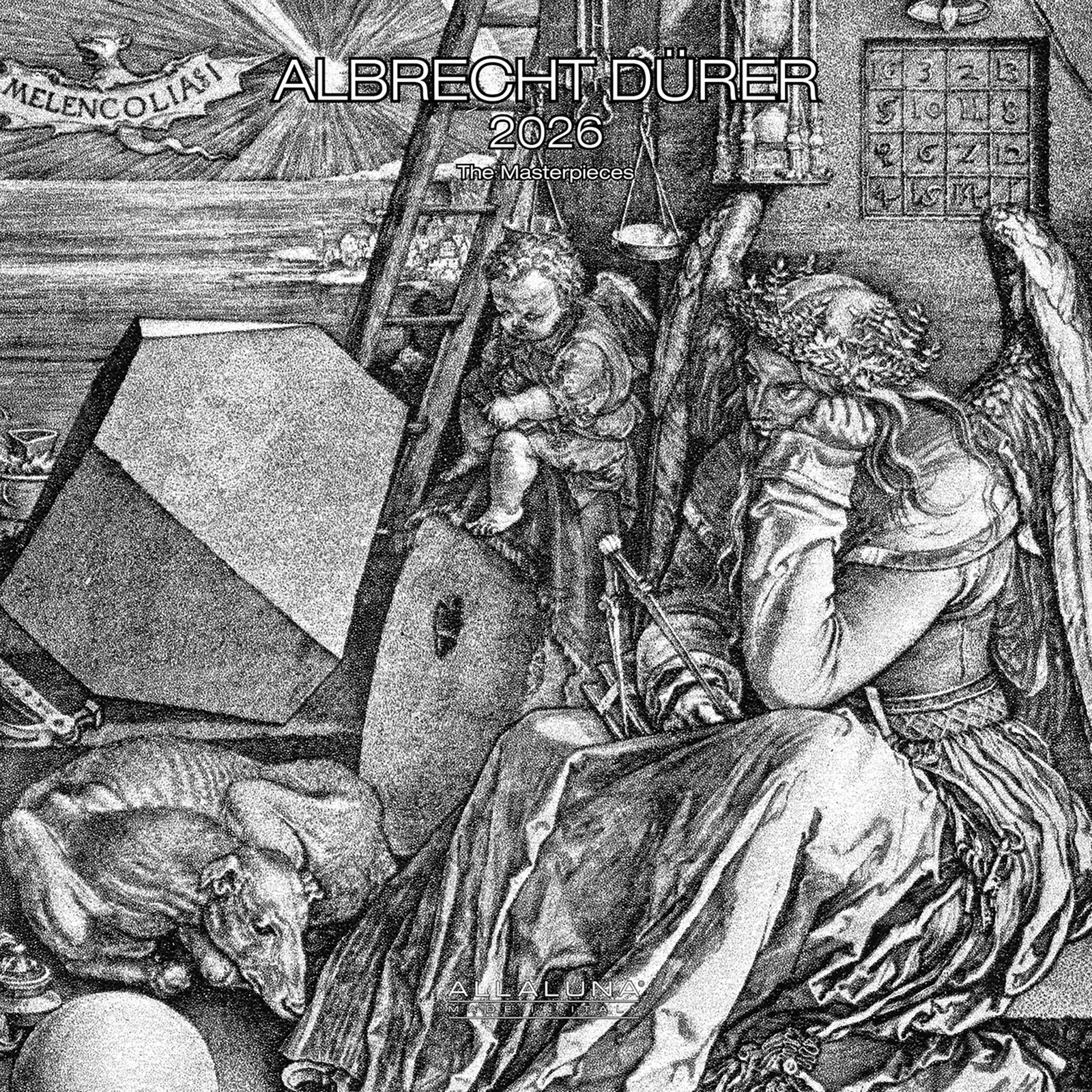 Black and white drawing on cover of "Albrecht Durer 2026 The Masterpieces calendar with Allaluna branding