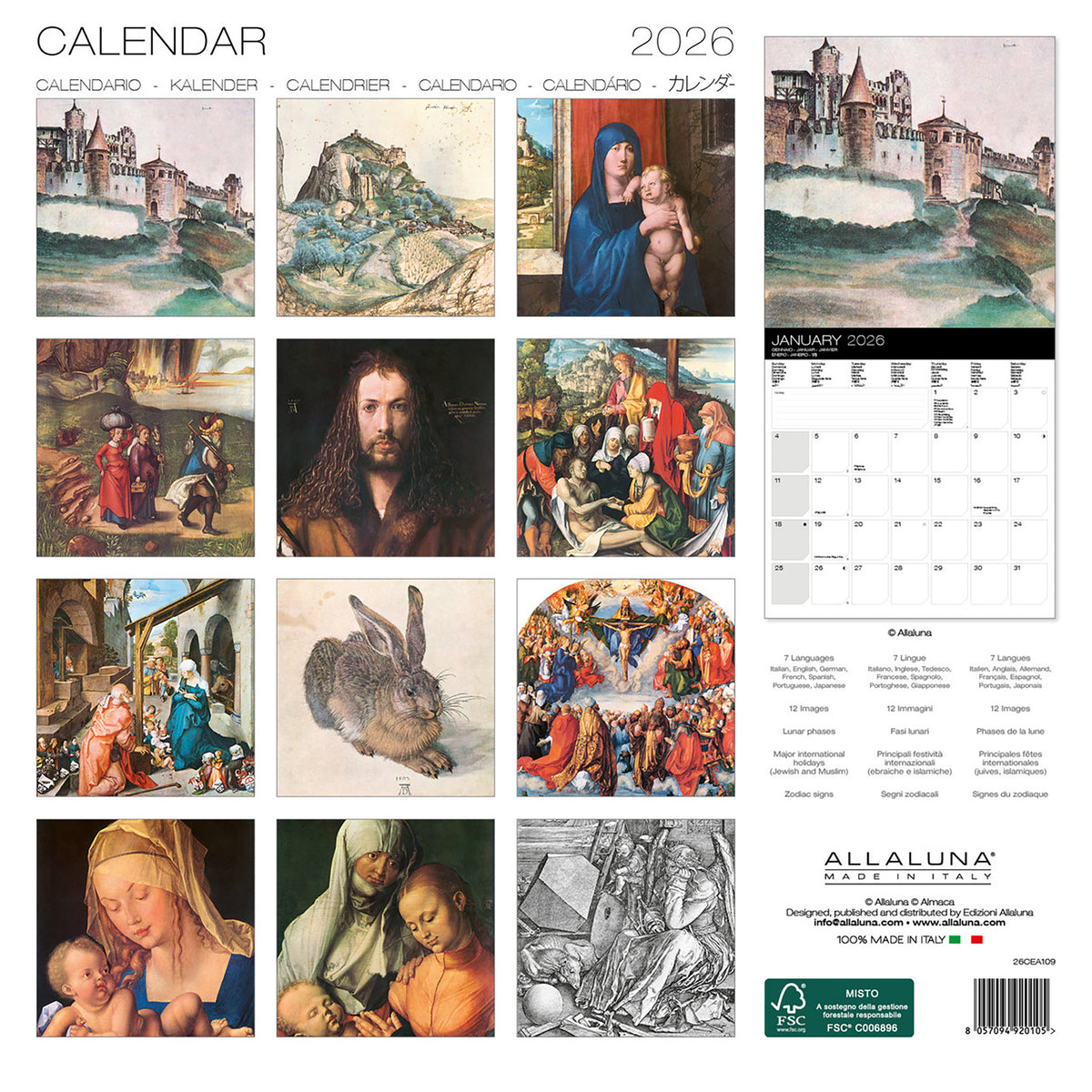 2026 calendar back cover with 12 classical art illustrations and Allaluna branding