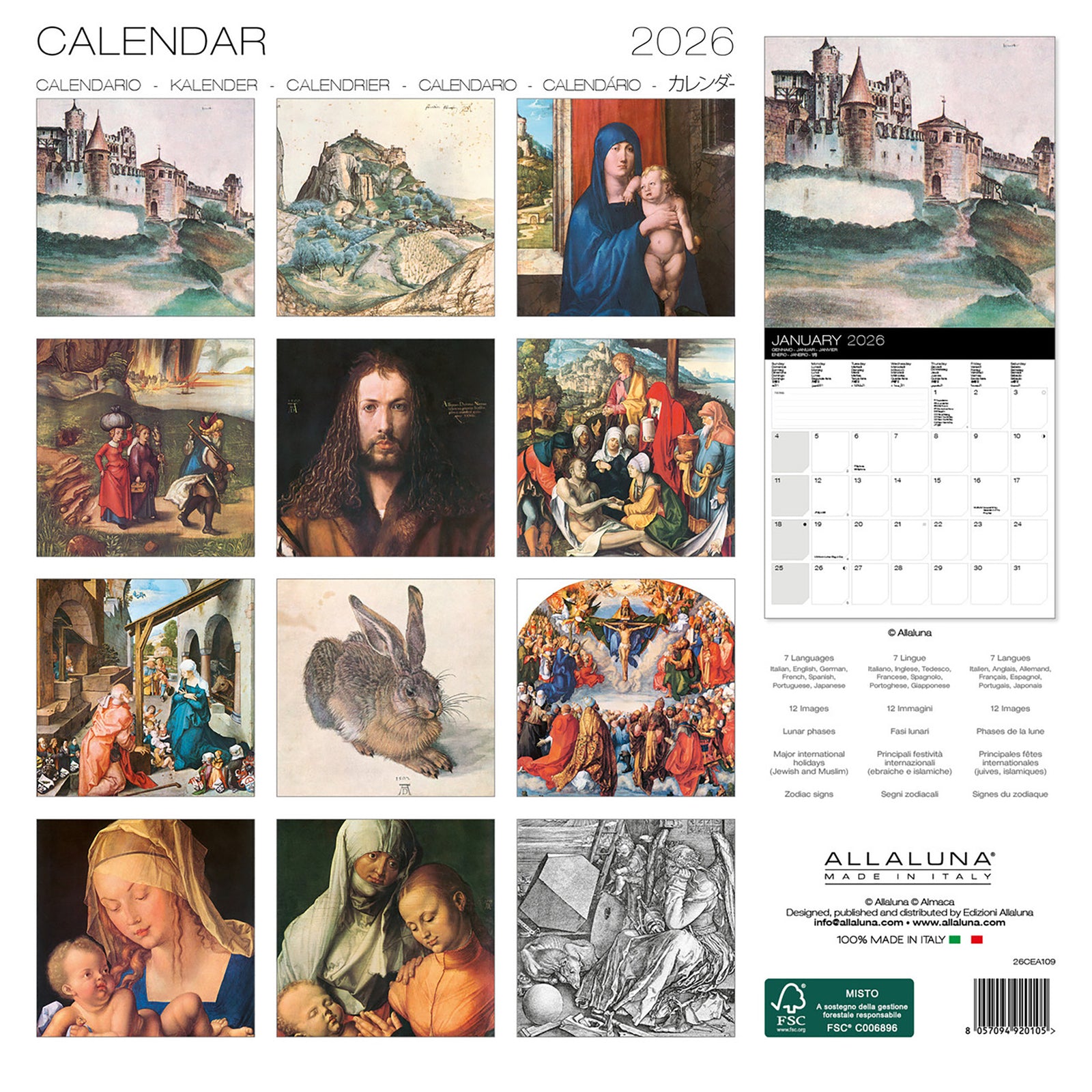 Black and white drawing on cover of "Albrecht Durer 2026 The Masterpieces calendar with Allaluna branding