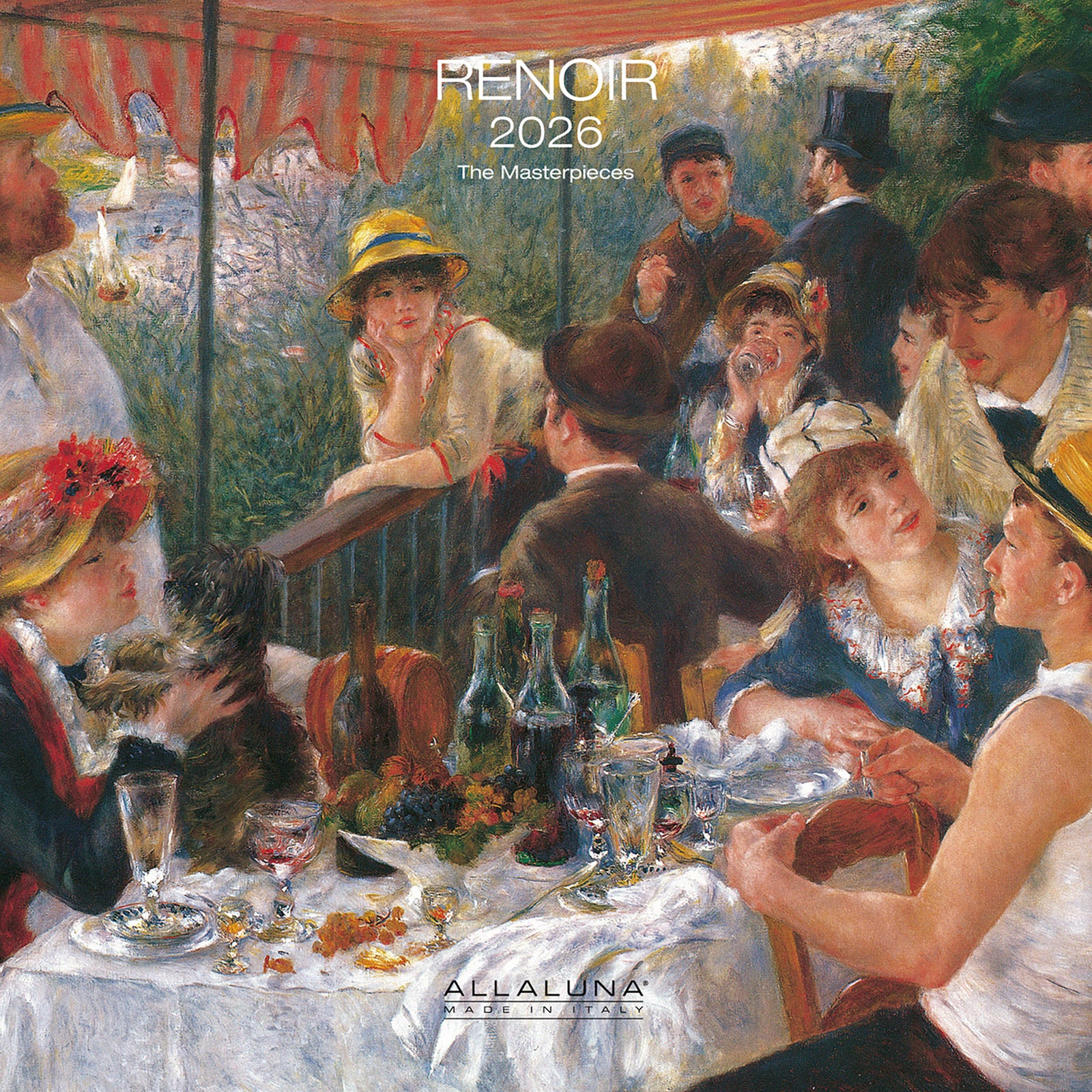 2026 Calendar cover titled "Renoir 2026 The Masterpieces" with Allaluna branding on a painting depicting people dining and talking