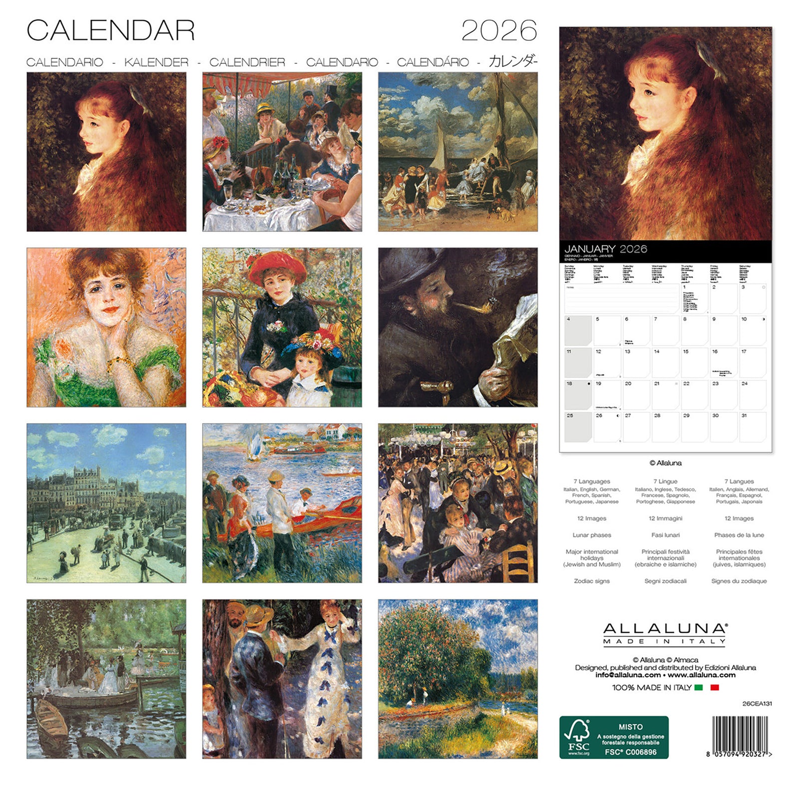2026 Calendar cover titled "Renoir 2026 The Masterpieces" with Allaluna branding on a painting depicting people dining and talking