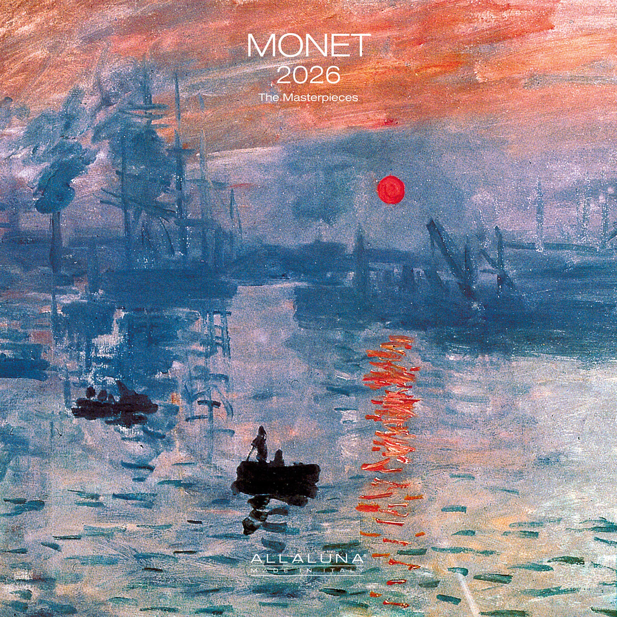 Painting of a sunset over water with boats, featuring the brand 'Allaluna' and the title "Monet 2026 The Masterpieces".