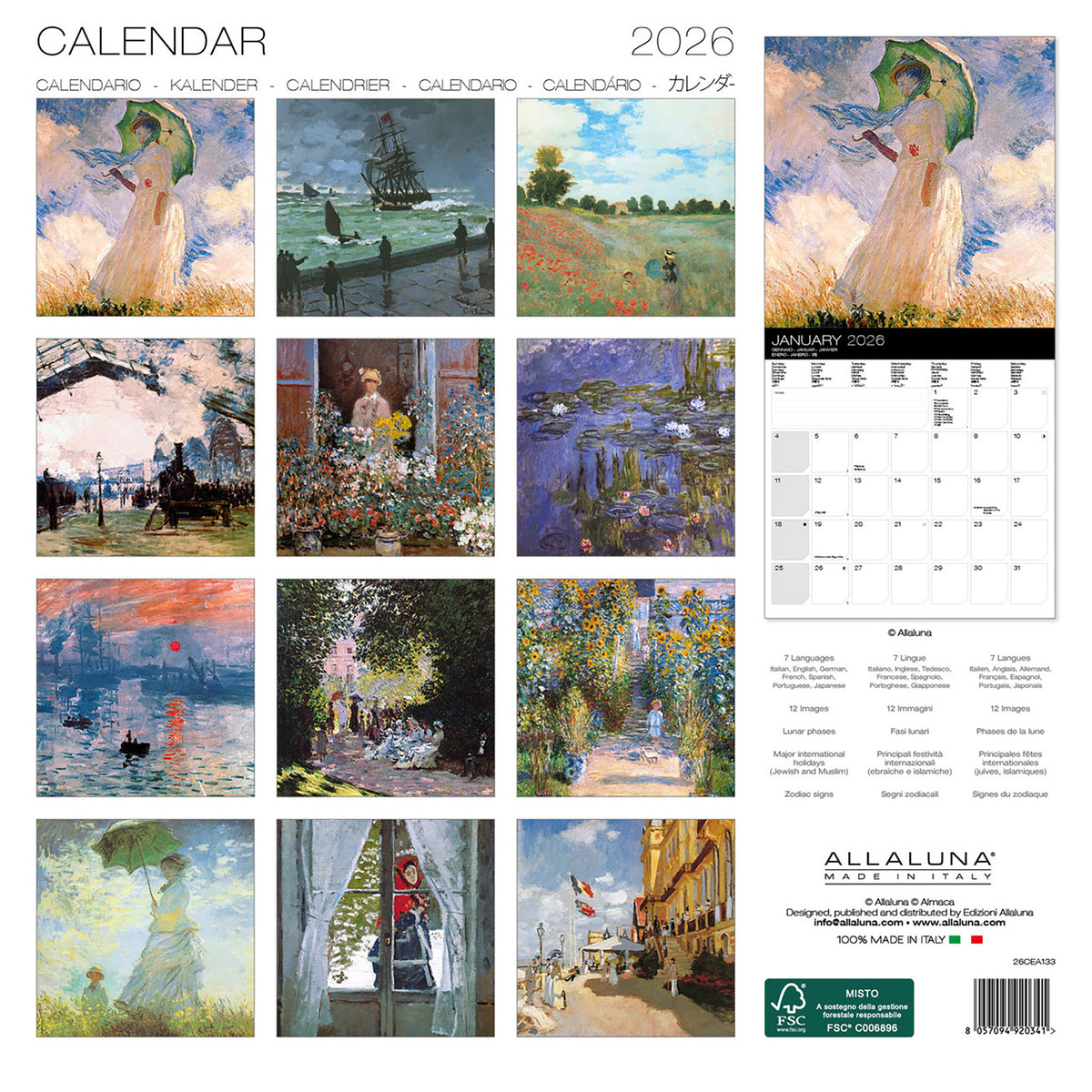 2026 calendar back cover and various artistic images of women with umbrellas, landscapes, and cityscapes.