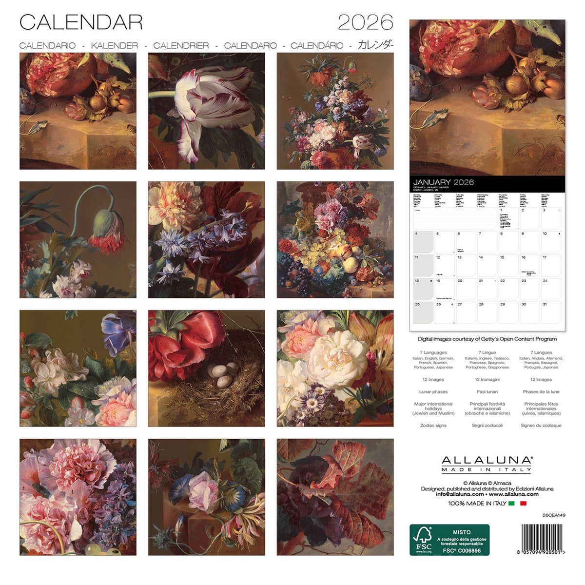 2026 calendar back cover with still life paintings of flowers and fruits, featuring Allaluna brand.