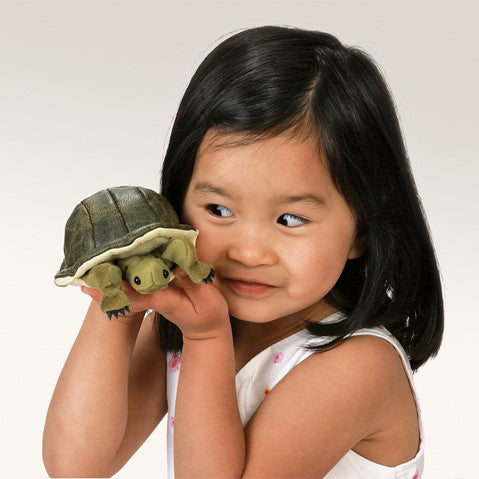 Hand holding a green turtle plush toy against a white background