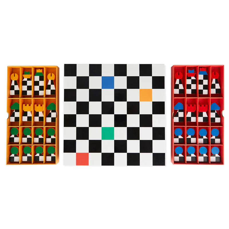 Three colorful board games with checkered patterns on a white background