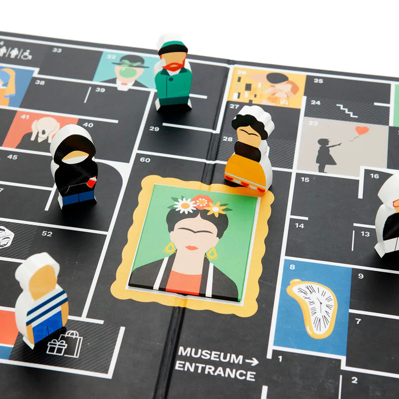 Board game with character figures and a framed picture on a map-like board.
