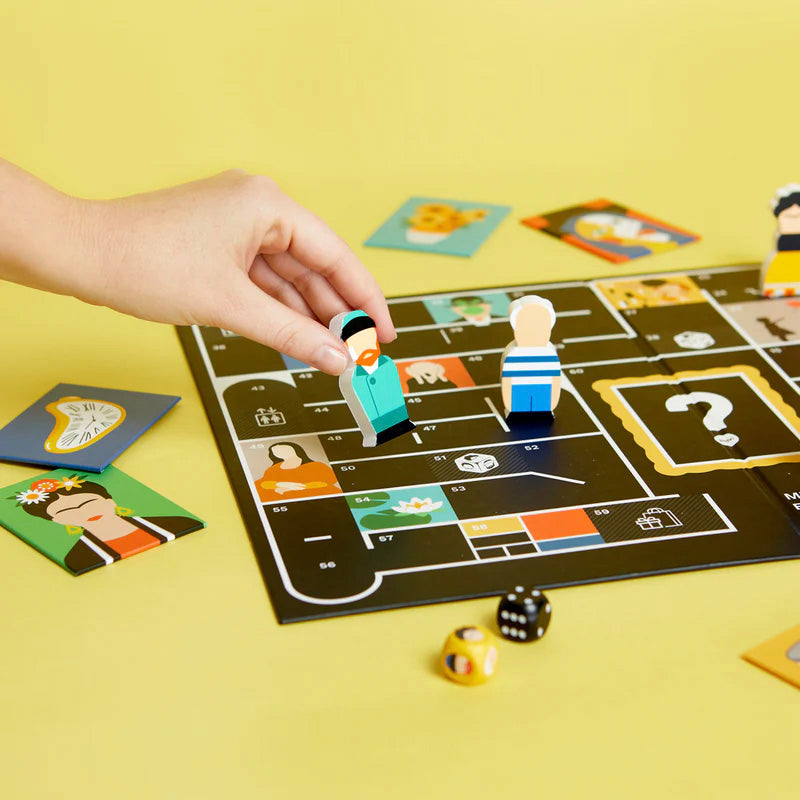 Board game with character figures and cards on a yellow background