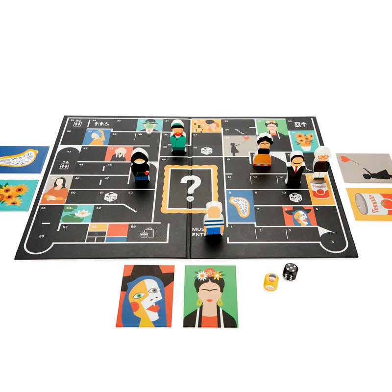 Board game with character figures and cards on a white background
