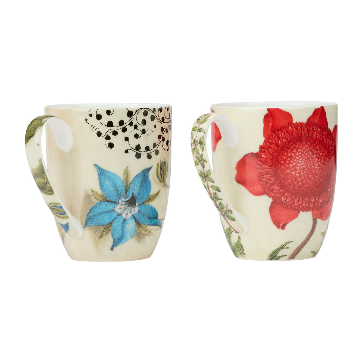 Two floral mugs on a white background