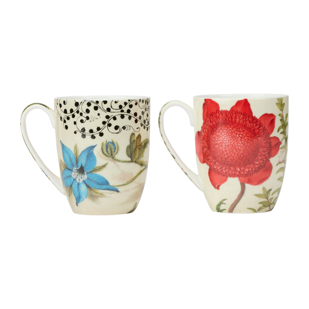 Two floral mugs with blue and red flowers on a white background