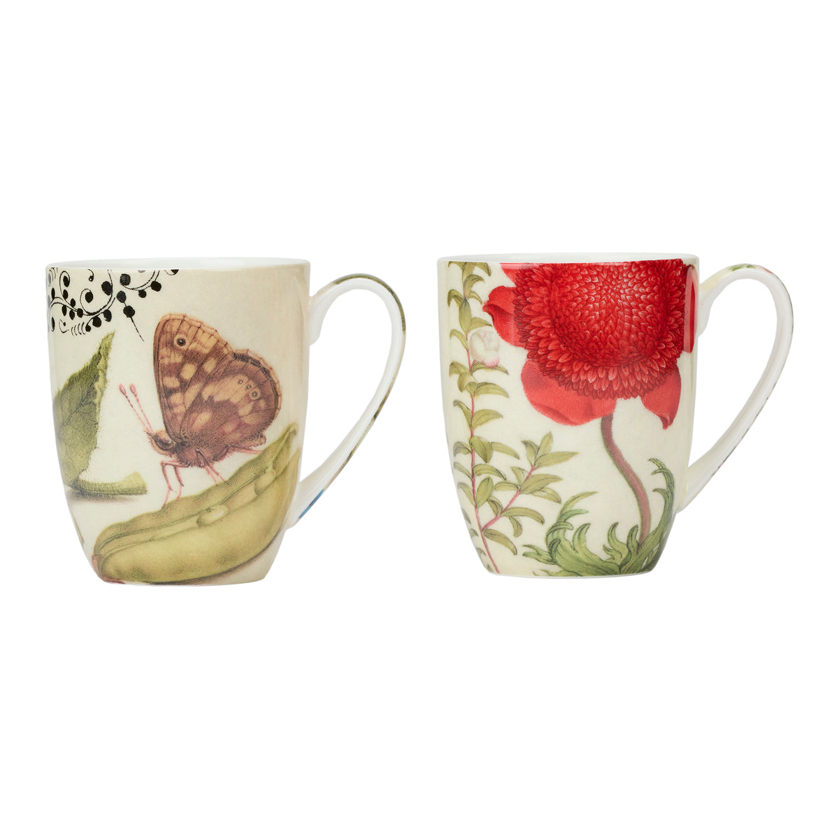 Two ceramic mugs with nature-themed designs on a white background
