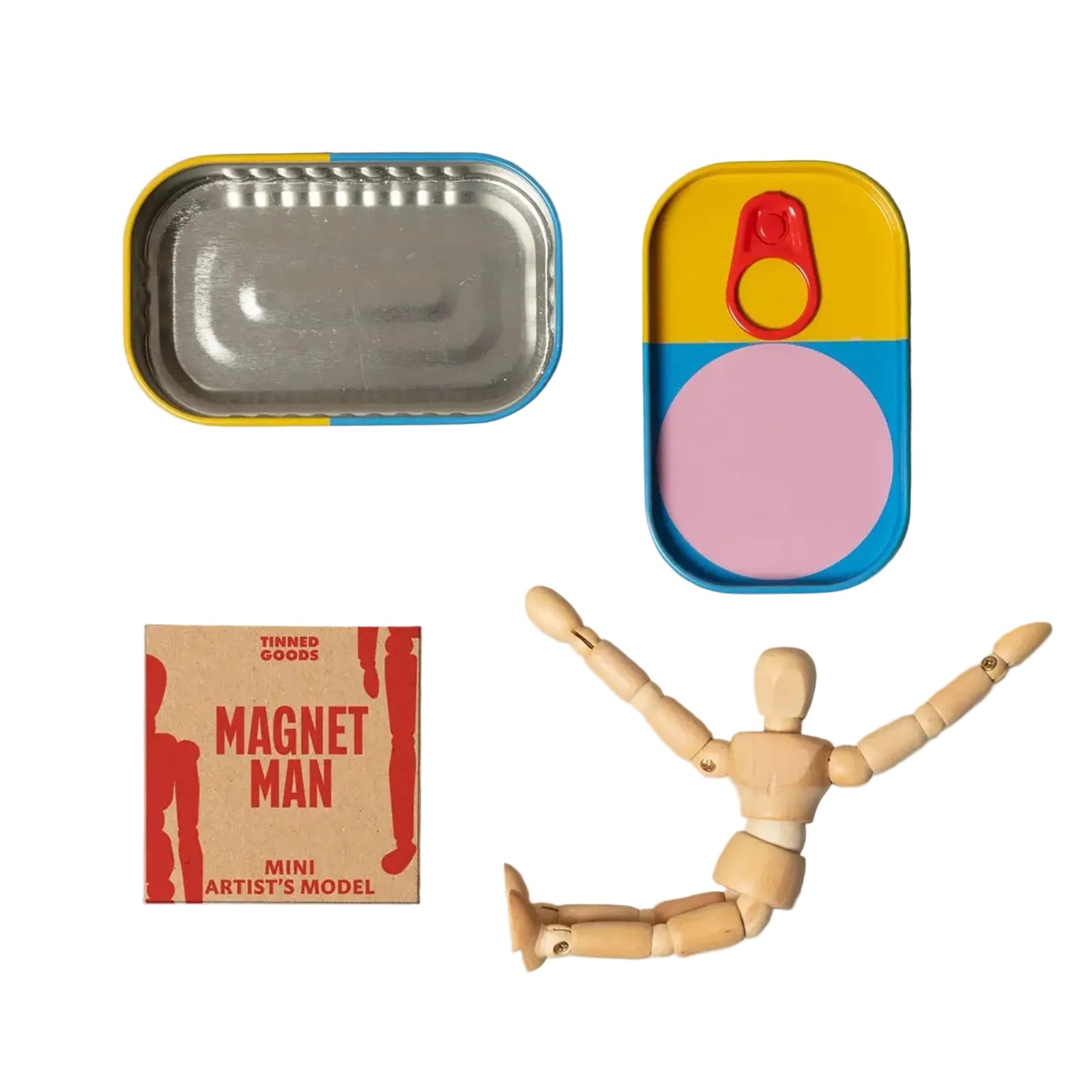 Colorful toy box, 'Magnet Man' packaging, and wooden artist's model on a white background