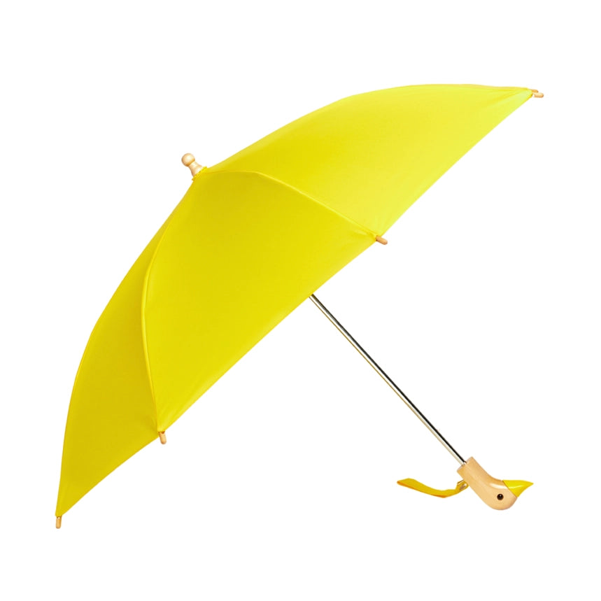 Yellow umbrella with a unique handle on a white background