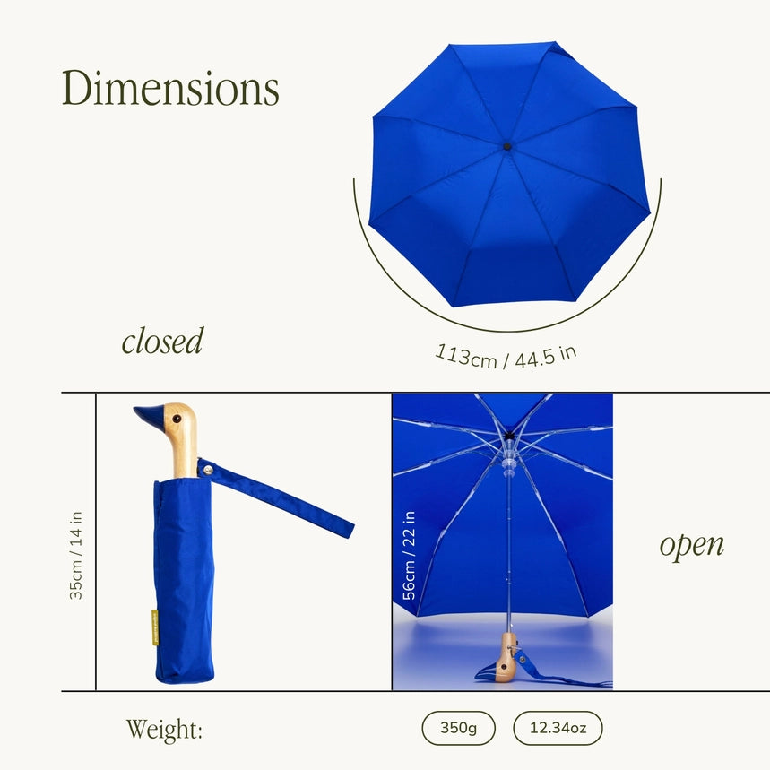 Blue umbrella with measurements of closed and open dimensions, weight, and a close-up of the canopy.