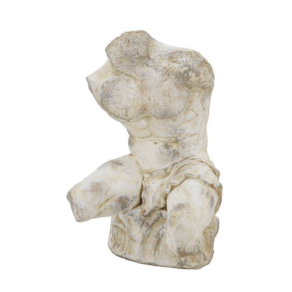 A classical-style torso sculpture with a distressed, weathered finish in off-white and beige tones, isolated on a white background.