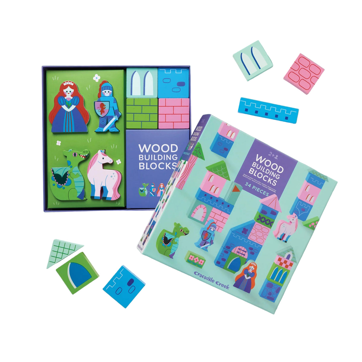Wood building blocks set with colorful packaging on a white background