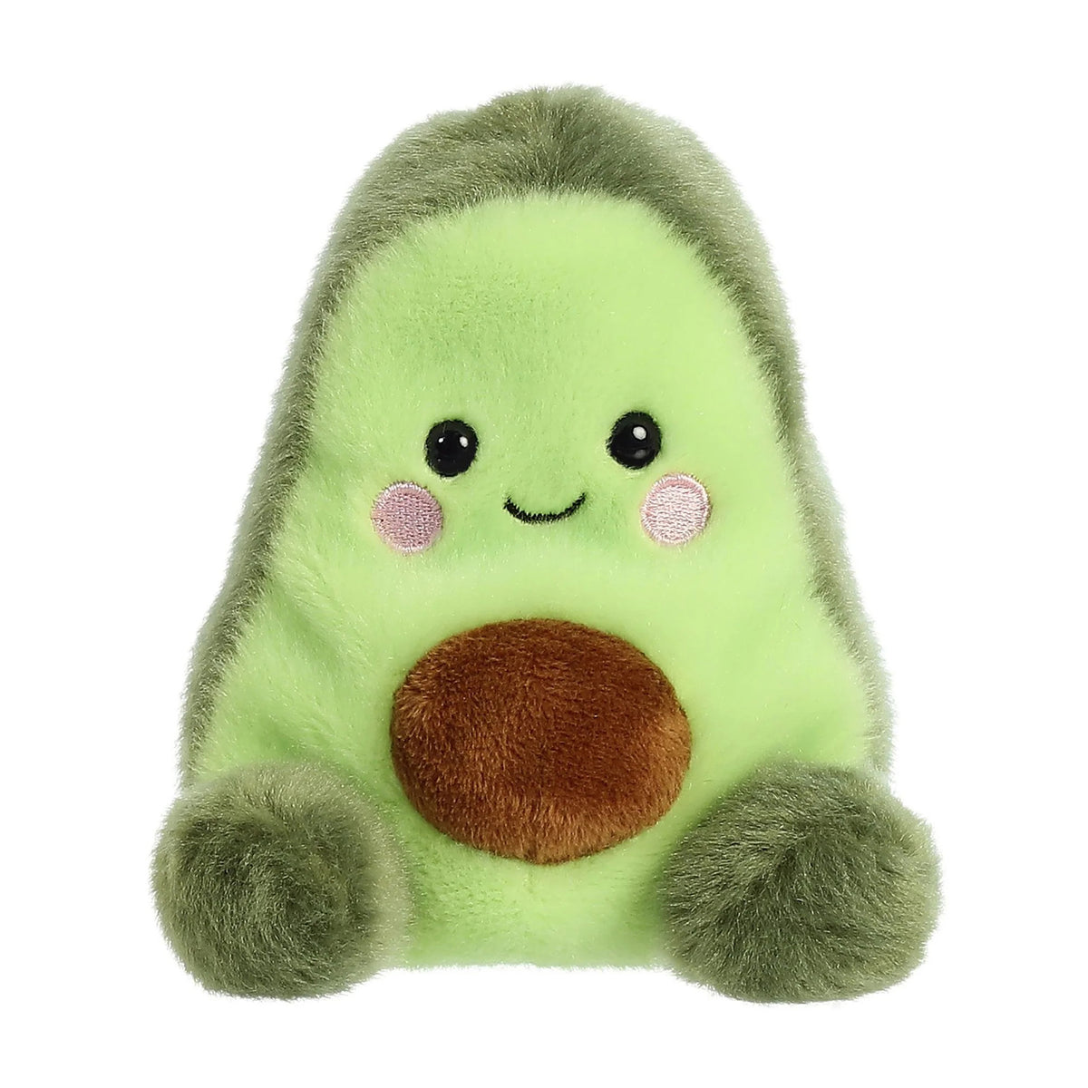 Plush toy avocado with a smiling face on a white background