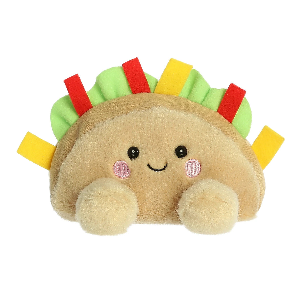 Plush toy shaped like a taco with a smiling face on a white background