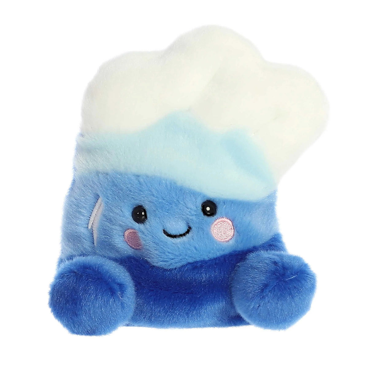 Blue plush toy with a white top on a white background