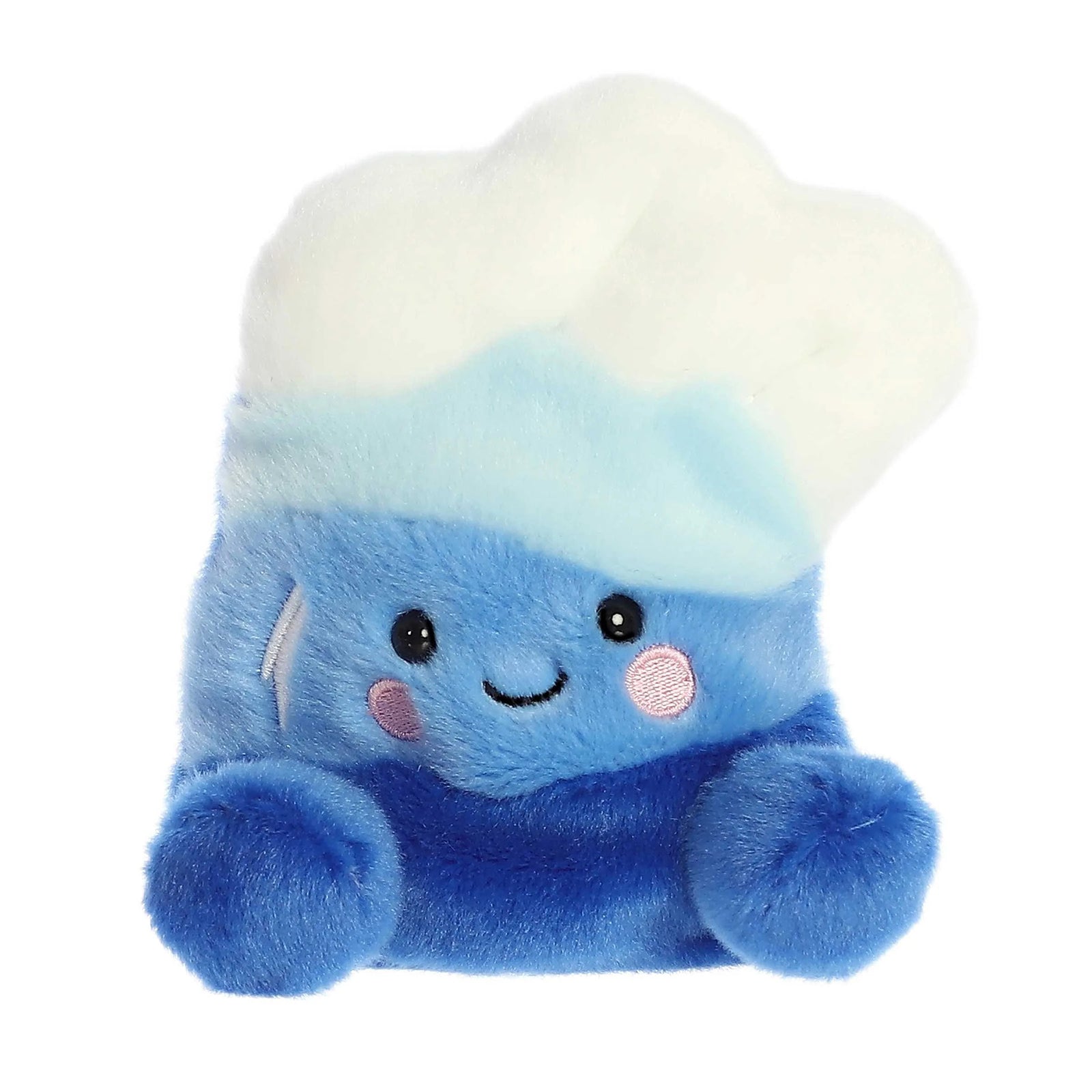 Blue plush toy with a white top on a white background