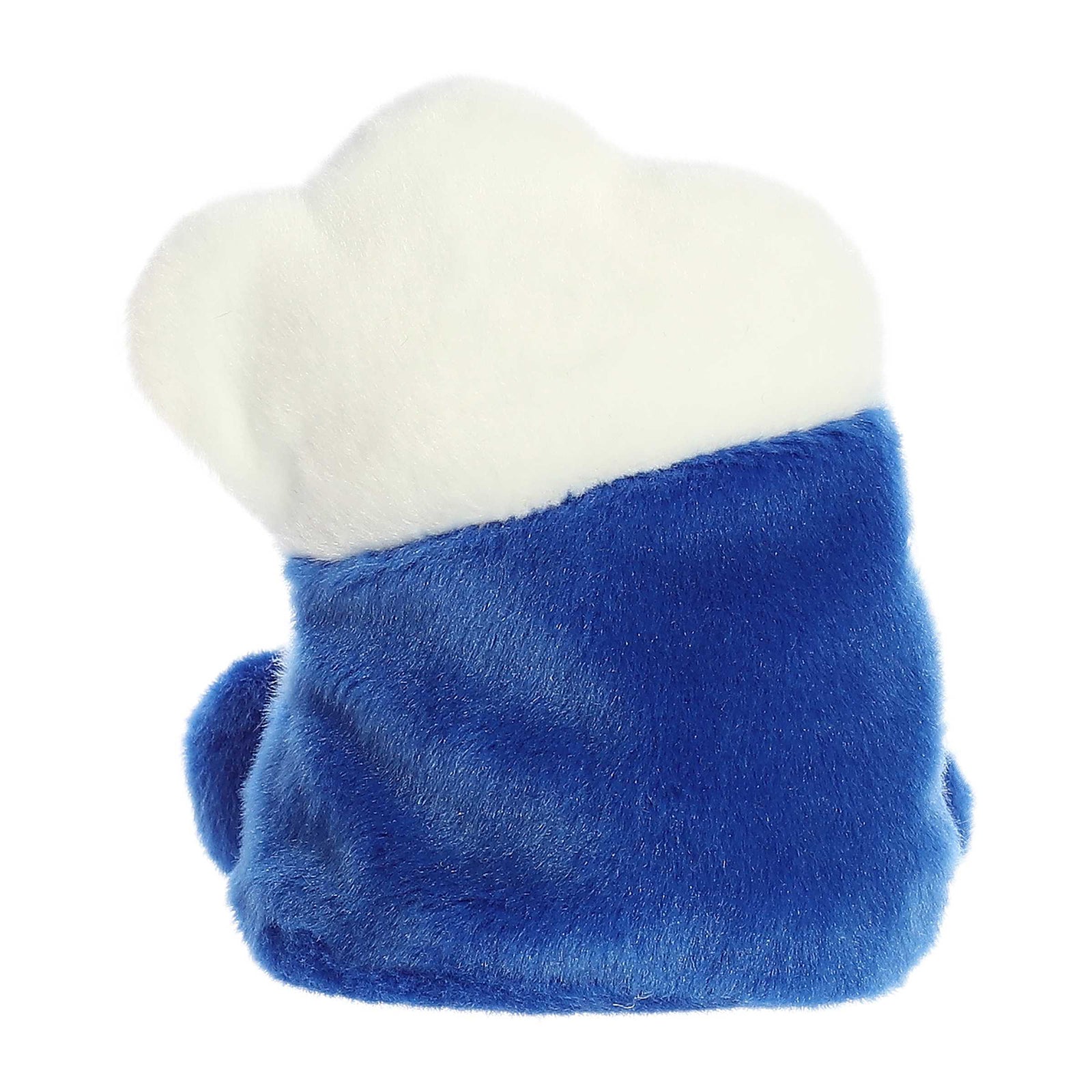 Blue plush toy with a white top on a white background