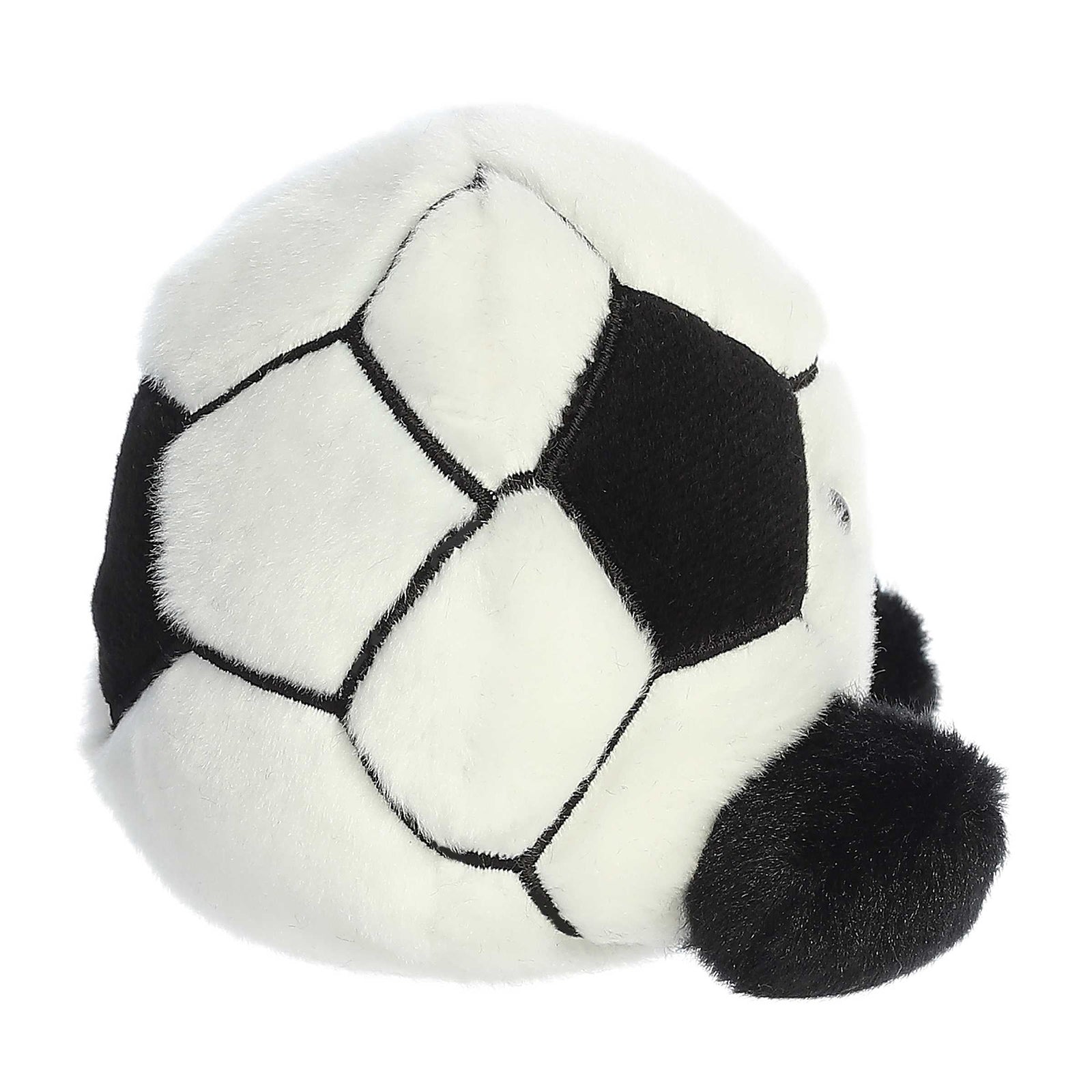 Plush toy shaped like a soccer ball with a smiling face on a white background