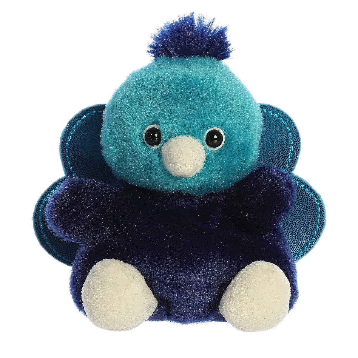 Blue and navy plush toy with a white belly on a white background