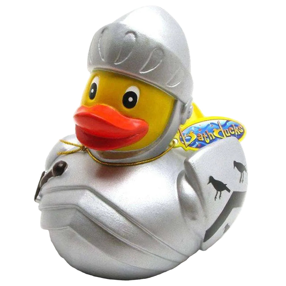 A rubber duck toy dressed in shiny silver knight armor, with a yellow rubber duck head, and red beak