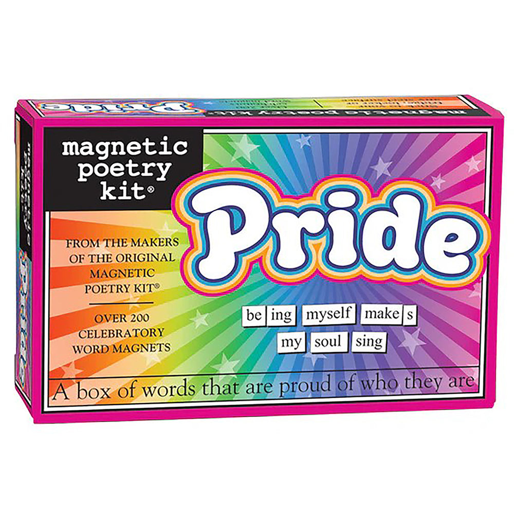 A box of 'Pride' themed magnetic poetry kit with colorful word magnets displayed on the cover, including words like celebrate, believe, freedom, self, together, and pride.