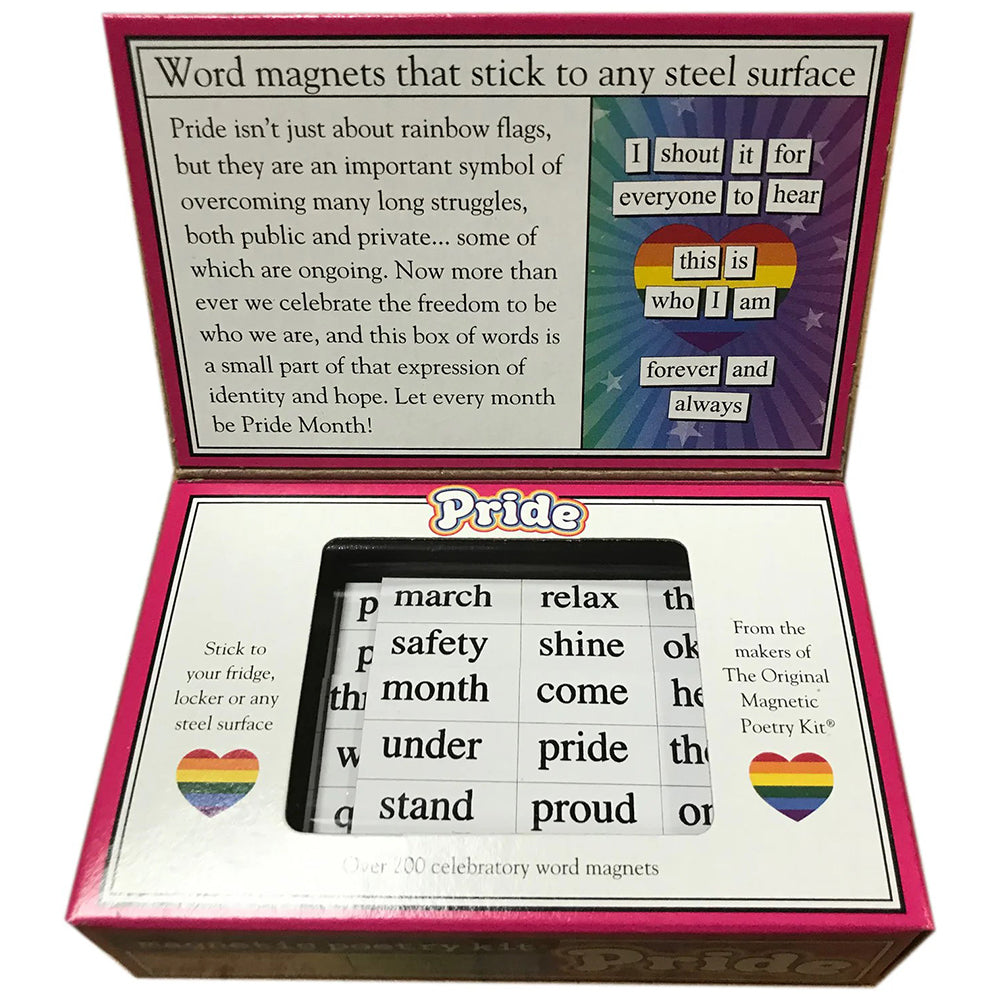 A box of 'Pride' themed magnetic poetry kit with colorful word magnets displayed on the cover, including words like celebrate, believe, freedom, self, together, and pride.