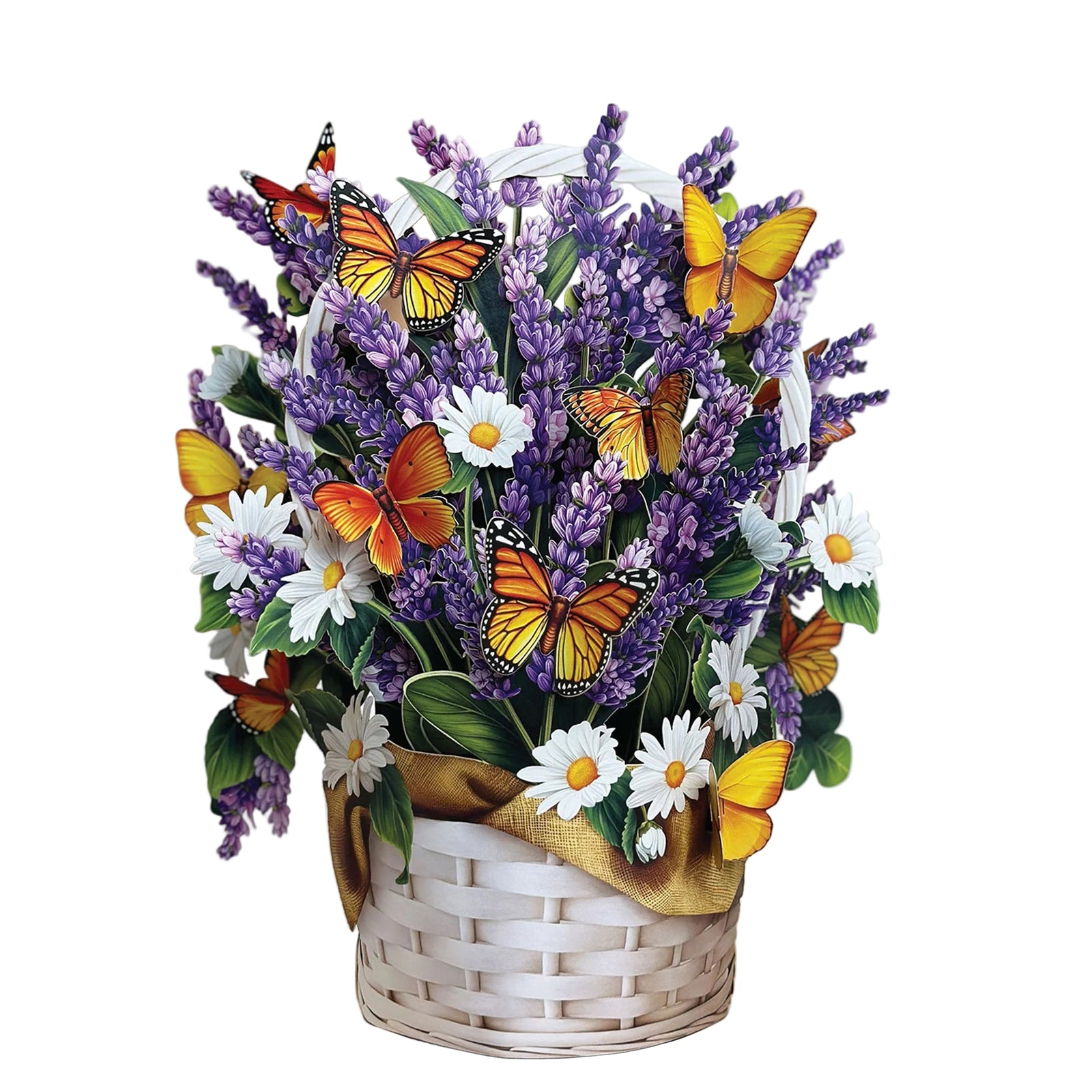 A notecard with a pop-up design featuring lavender flowers and butterflies, presented in a white basket.