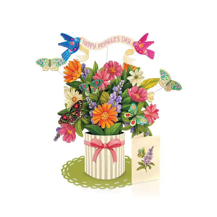 Colorful bouquet of flowers with butterflies and a 'Happy Mother's Day' card on a white background