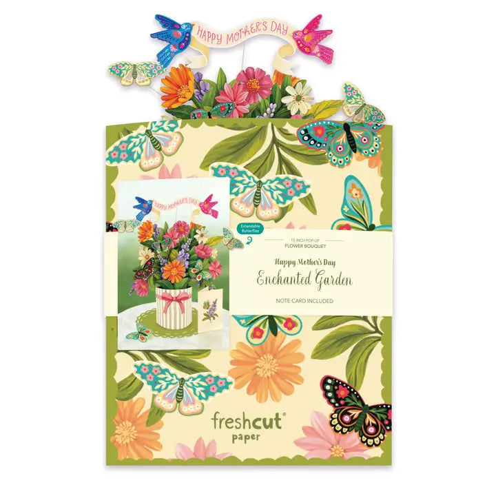 Colorful bouquet of flowers with butterflies and a 'Happy Mother's Day' card on a white background