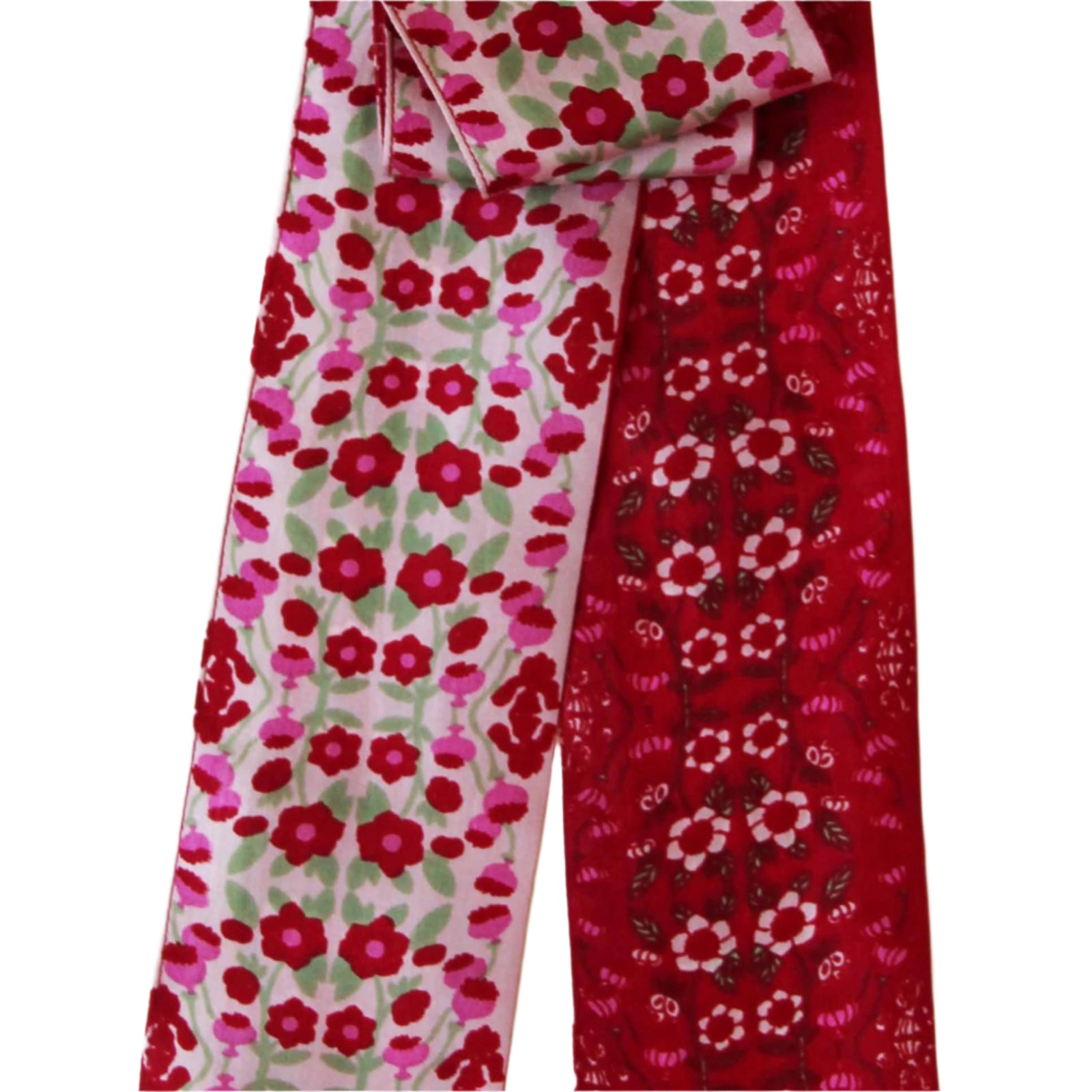 A red silk headband with a floral pattern, displayed against a white background.