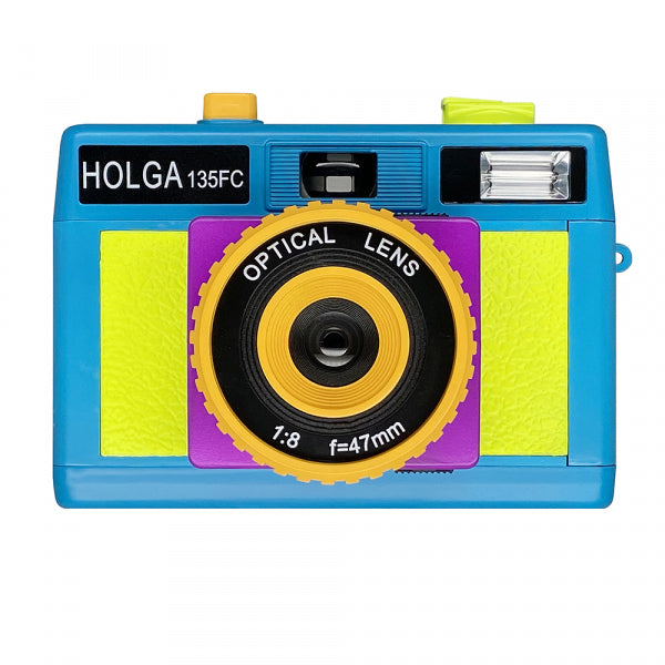 Colorful toy camera with 'HOLGA 135FC' branding on a white background