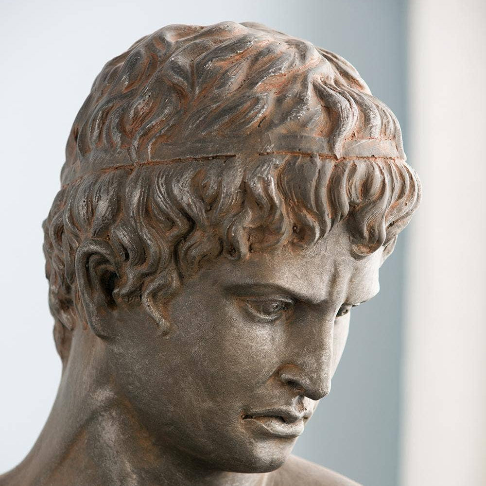 Close-up of a classical-style male bust sculpture with curly hair, shown in warm brown and bronze tones against a soft light gray background.