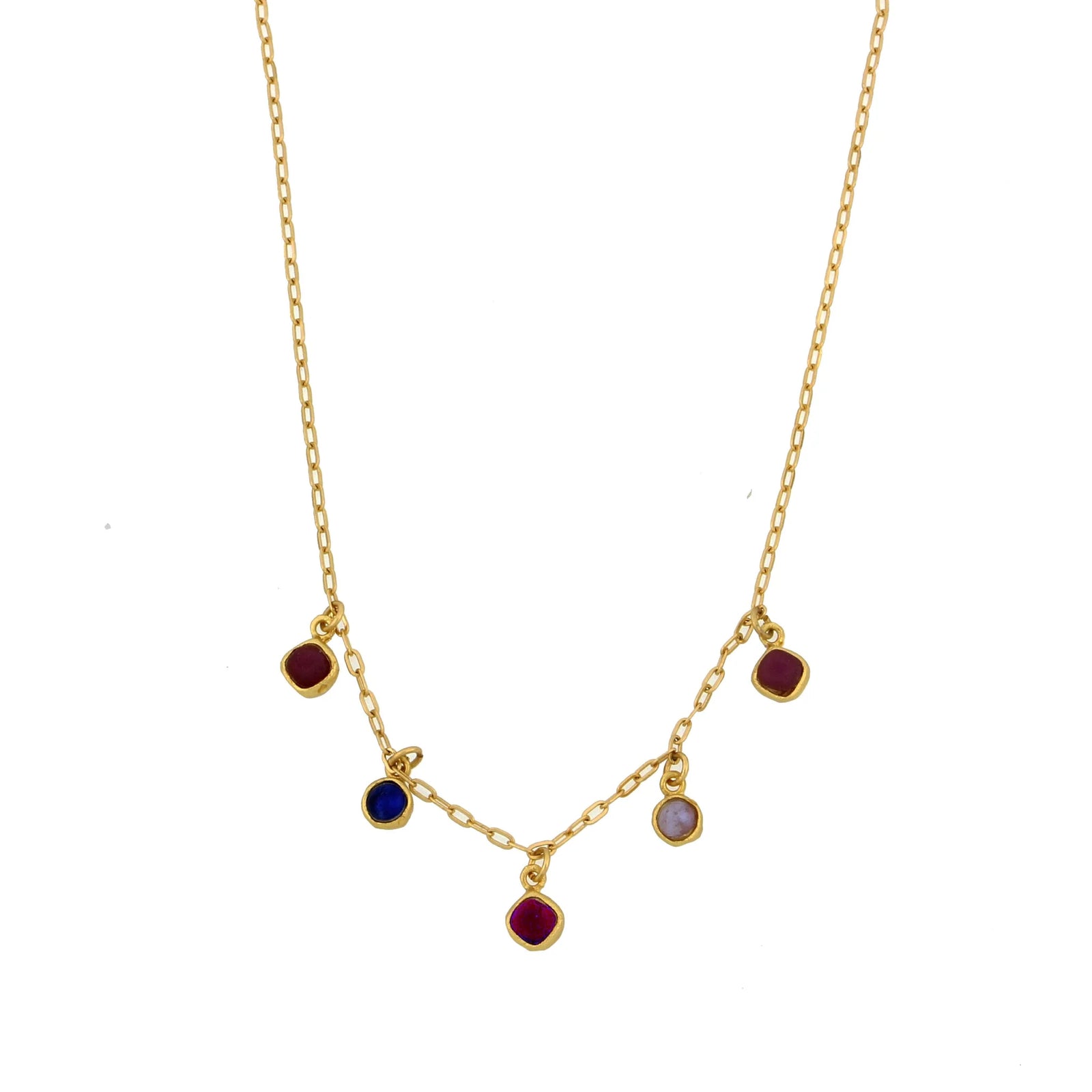 Gold necklace with colorful gemstones on a white background